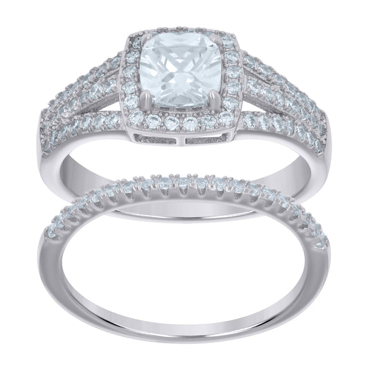 Sterling Silver Women's Cubic-Zirconia Duo Bridal Anniversary Engagement Wedding Ring Set