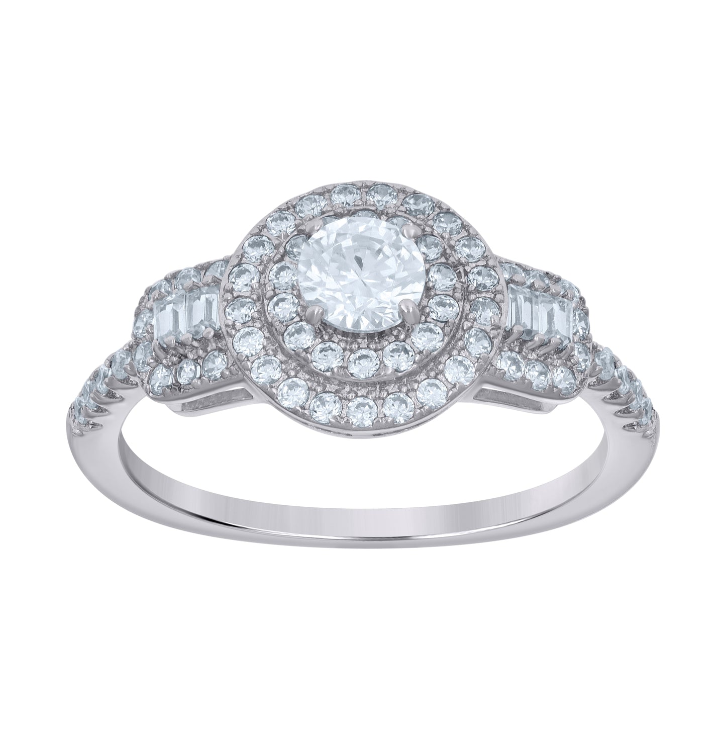 Sterling Silver Women's Baguette Round Cubic-Zirconia Duo Bridal Anniversary Engagement Wedding Ring Set