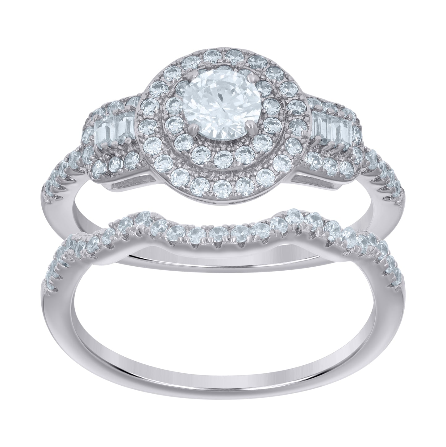 Sterling Silver Women's Baguette Round Cubic-Zirconia Duo Bridal Anniversary Engagement Wedding Ring Set