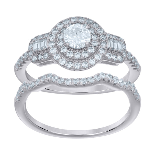Sterling Silver Women's Baguette Round Cubic-Zirconia Duo Bridal Anniversary Engagement Wedding Ring Set