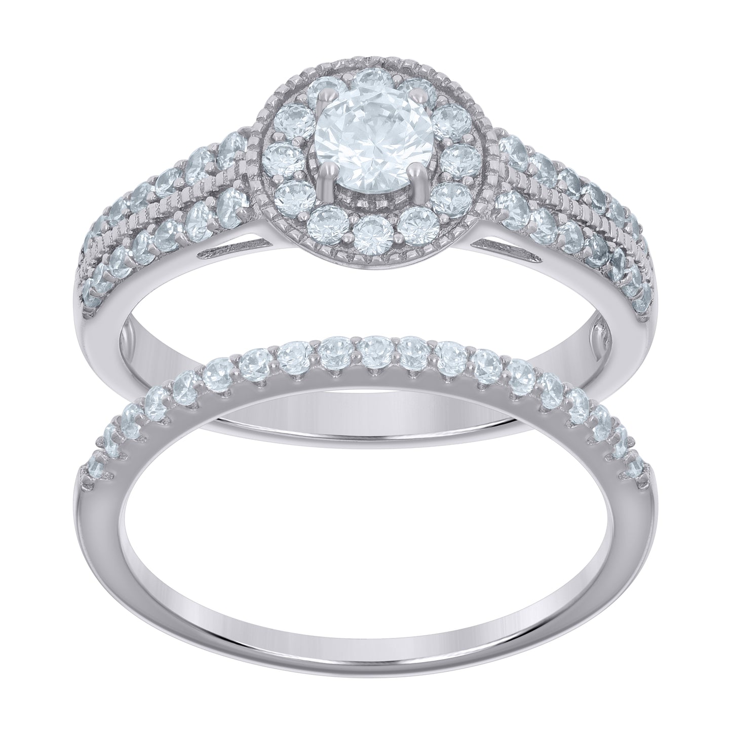 Sterling Silver Women's Cubic-Zirconia Duo Bridal Anniversary Engagement Wedding Ring Set