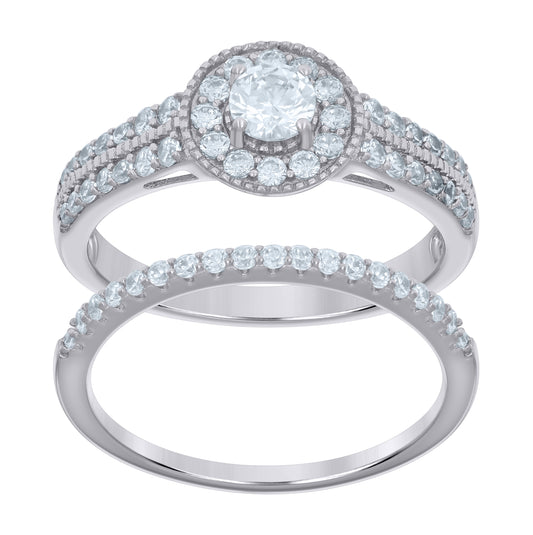 Sterling Silver Women's Cubic-Zirconia Duo Bridal Anniversary Engagement Wedding Ring Set