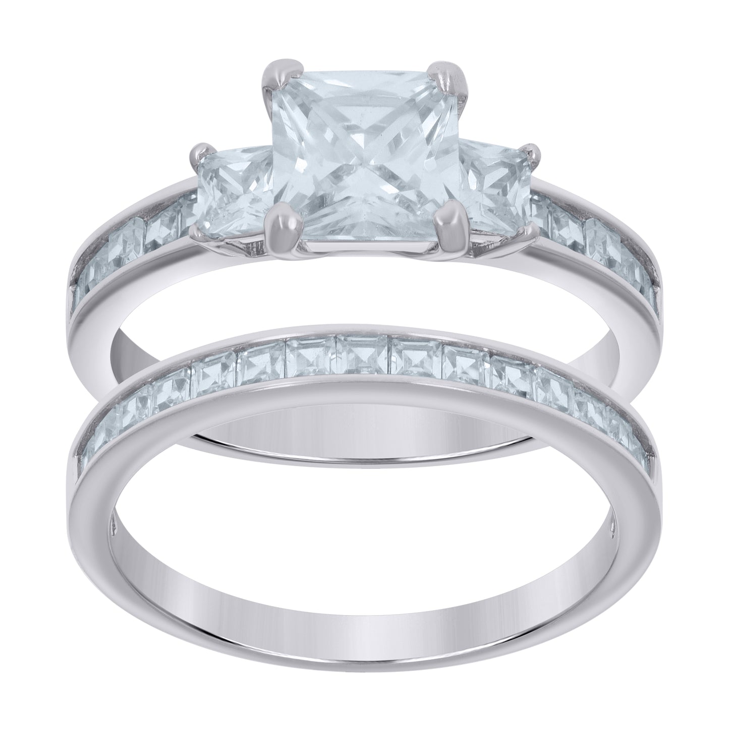 Sterling Silver Womens Princess-cut Cubic-Zirconia Duo Bridal Anniversary Engagement Wedding Ring Set