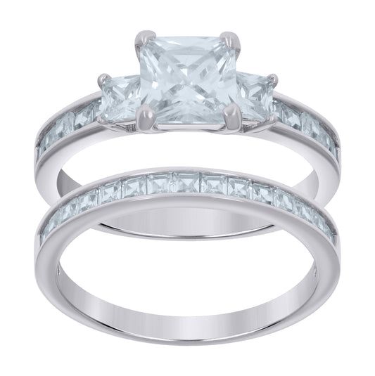 Sterling Silver Womens Princess-cut Cubic-Zirconia Duo Bridal Anniversary Engagement Wedding Ring Set