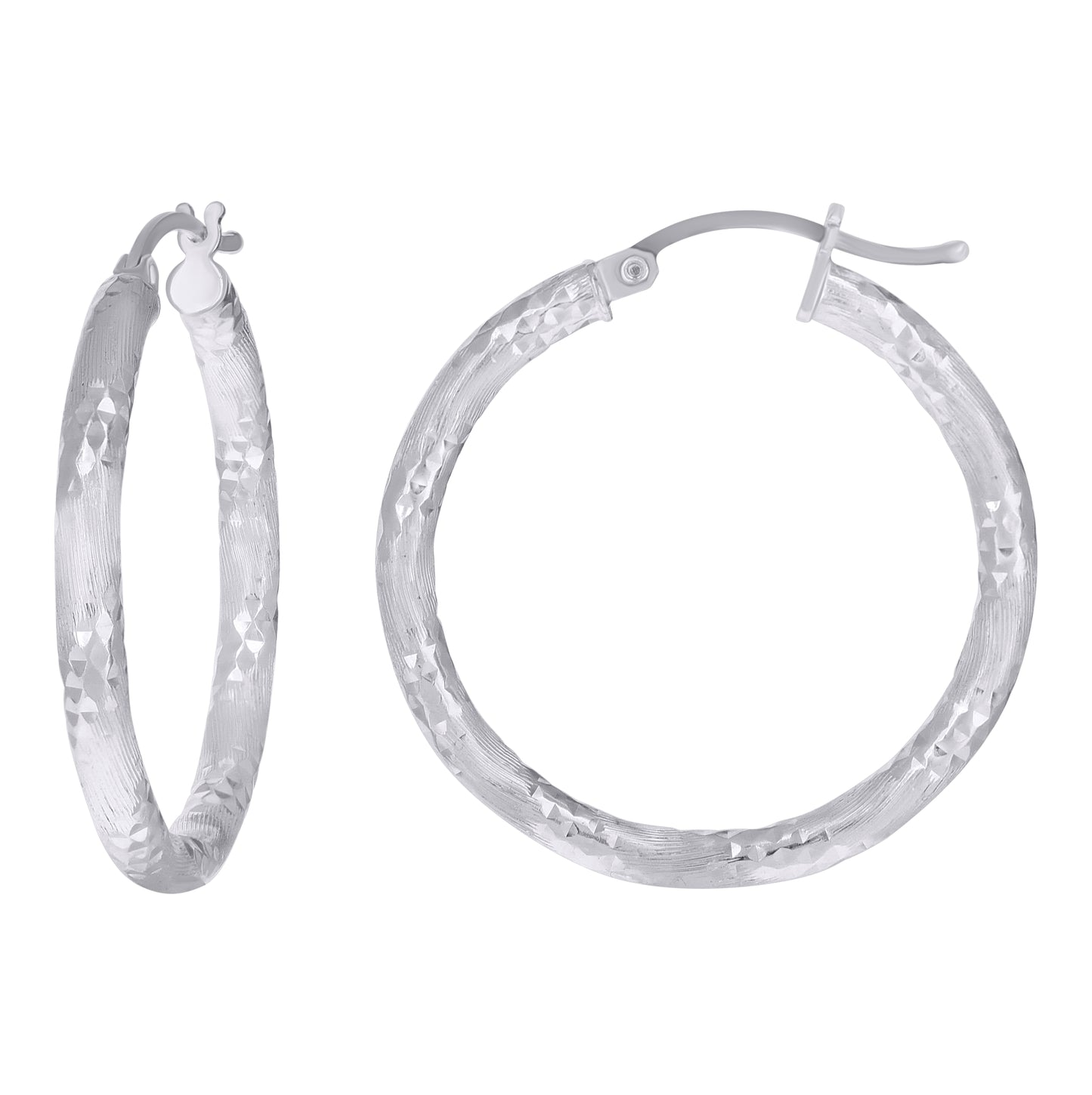Sterling Silver Womens Diamond-Cut Hoop Earrings