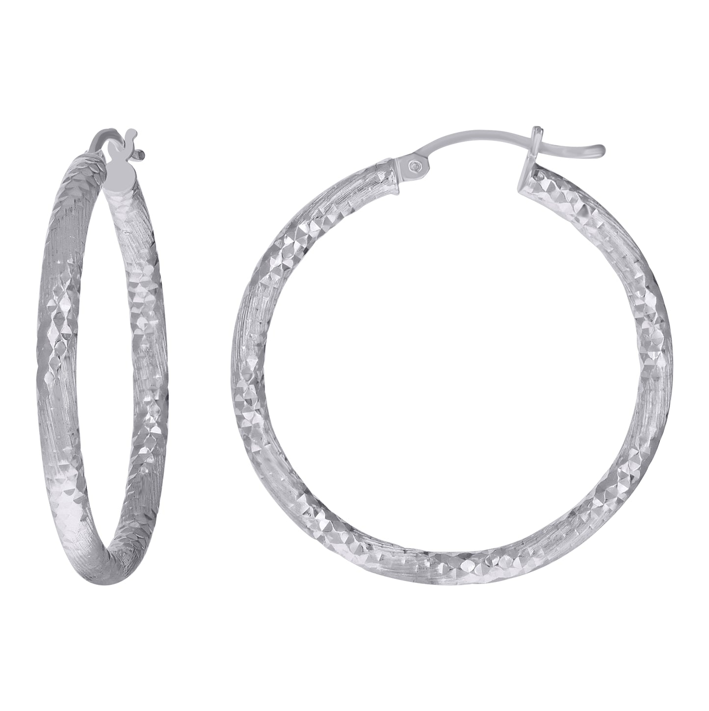 Sterling Silver Womens Diamond-Cut Hoop Earrings