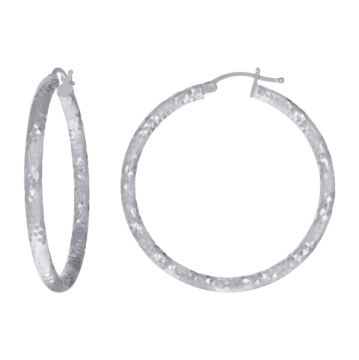 Sterling Silver Womens Diamond-Cut Hoop Earrings