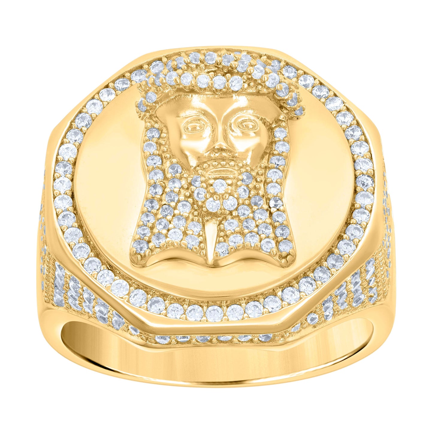 Sterling Silver Yellow-tone Men Cubic-Zirconia Jesus Religious Bridal Anniversary Wedding Engagement Band Ring