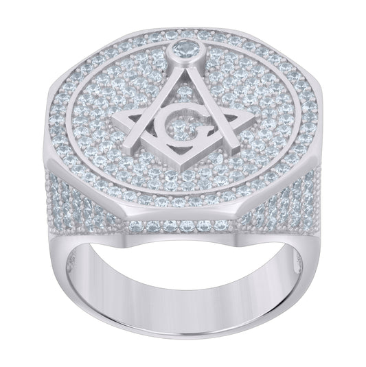 Sterling Silver Mens Cubic-Zirconia Masonic Fashion Bridal Anniversary Wedding Engagement Band Ring