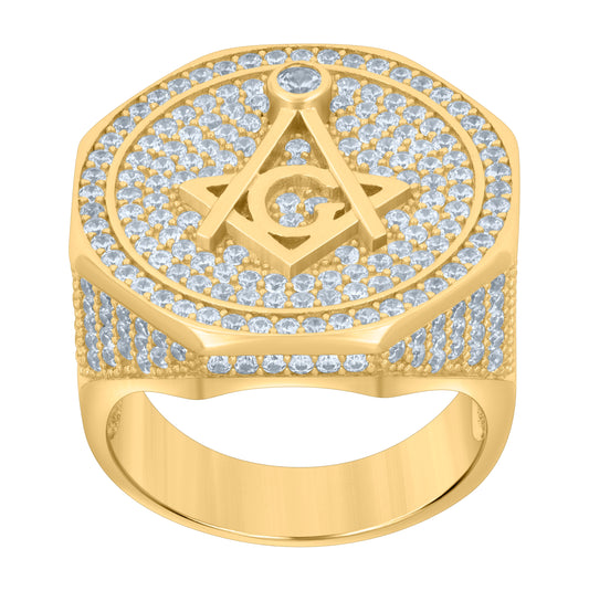 Sterling Silver Yellow-tone Mens Cubic-Zirconia Masonic Fashion Bridal Anniversary Wedding Engagement Band Ring