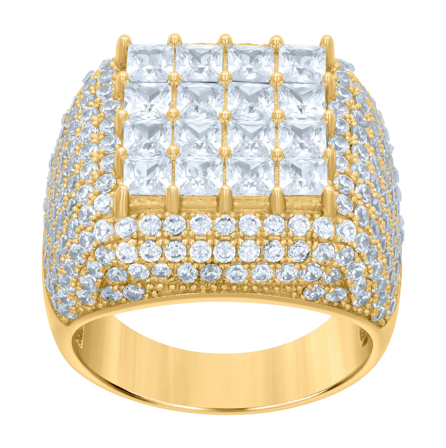 Sterling Silver Yellow-tone Mens Princess-cut Round Cubic-Zirconia Square Head Fashion Bridal Anniversary Wedding Engagement Band Ring