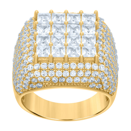 Sterling Silver Yellow-tone Mens Princess-cut Round Cubic-Zirconia Square Head Fashion Bridal Anniversary Wedding Engagement Band Ring