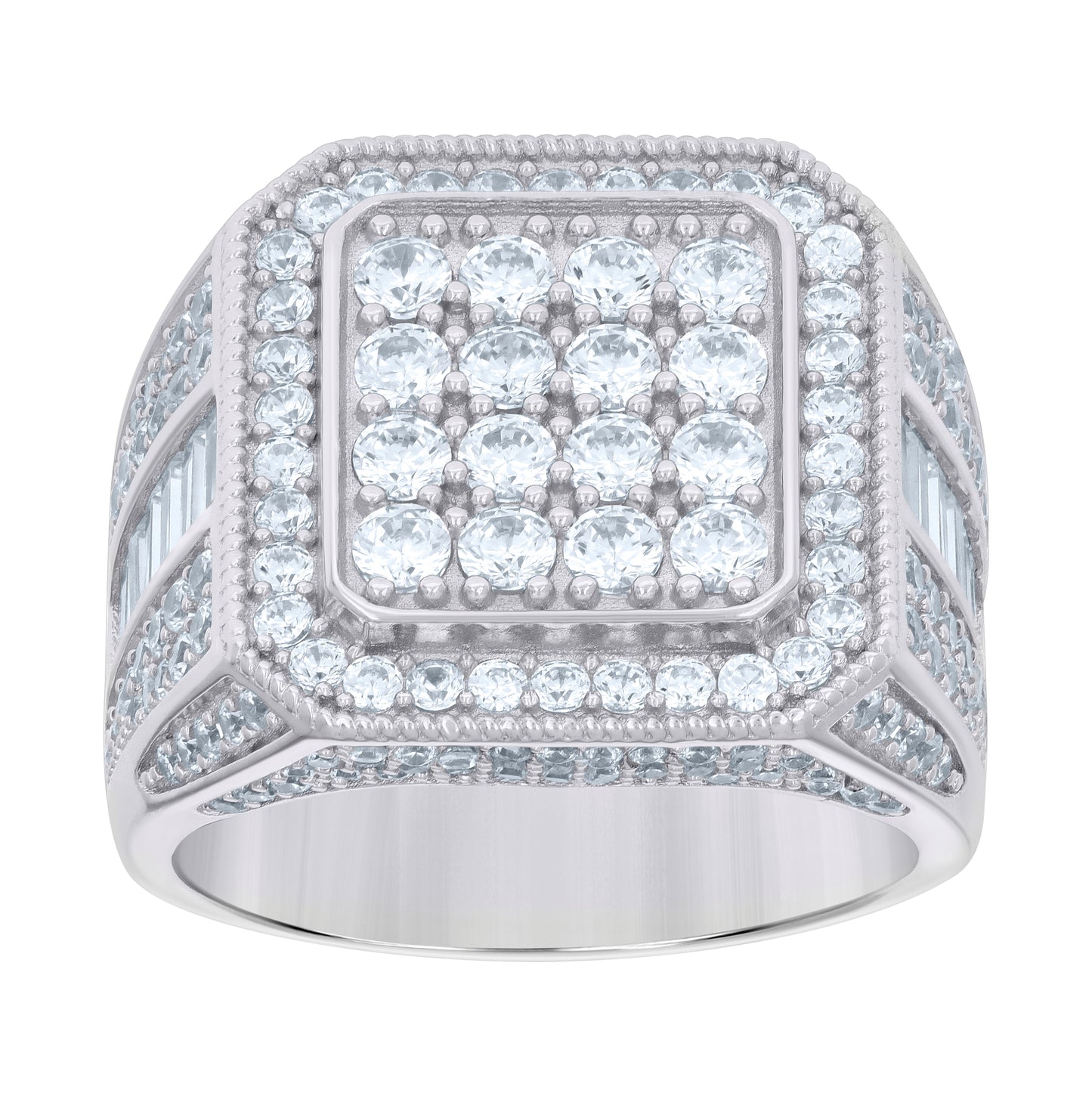 Sterling Silver Men's Baguette Round Cubic-Zirconia Square Head Fashion Bridal Anniversary Wedding Engagement Band Ring