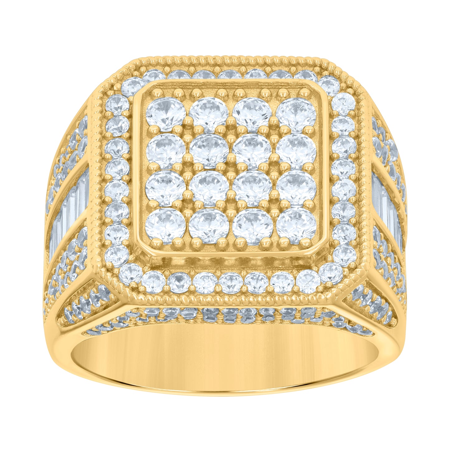 Sterling Silver Yellow-tone Mens Baguette Round Cubic-Zirconia Square Head Fashion Bridal Anniversary Wedding Engagement Band Ring