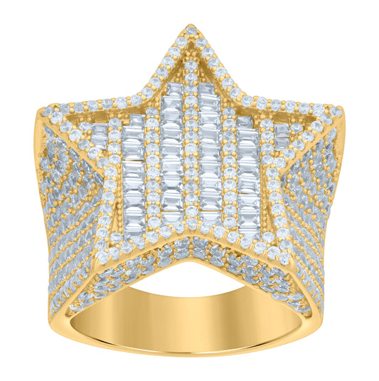 Sterling Silver Yellow-tone Mens Baguette Round Cubic-Zirconia Star Fashion Bridal Anniversary Wedding Engagement Band Ring