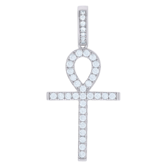 Sterling Silver Mens Round Cubic-Zirconia Egyptian Ankh Cross Religious Charm Pendant