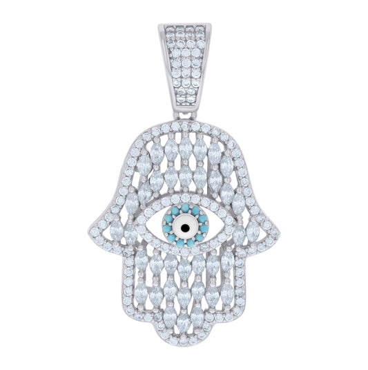 Sterling Silver Mens Marquise Round Cubic-Zirconia Enameled Hamsa Symbol Religious Charm Pendant