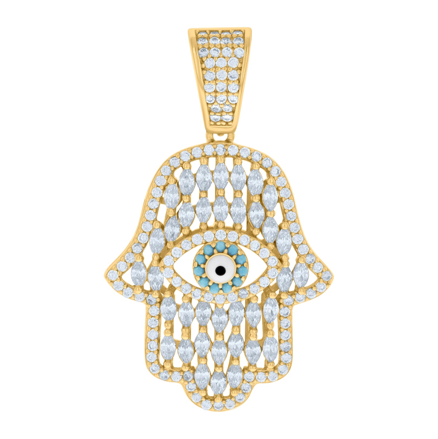 Sterling Silver Mens Marquise Round Cubic-Zirconia Enameled Hamsa Symbol Religious Charm Pendant