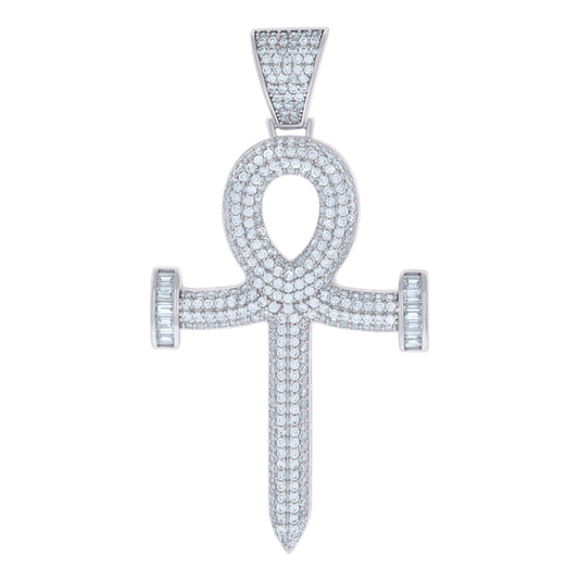 Sterling Silver Mens Baguette Round Cubic-Zirconia Egyptian Ankh Cross Religious Charm Pendant