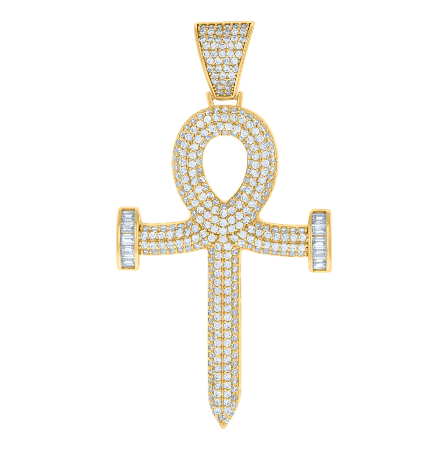 Sterling Silver Mens Baguette Round Cubic-Zirconia Egyptian Ankh Cross Religious Charm Pendant