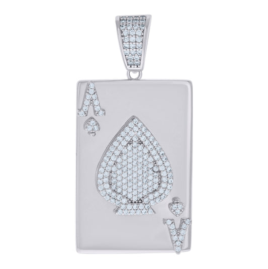 Sterling Silver Mens Cubic-Zirconia Ace Of Spade Playing Cards Gambling Charm Pendant