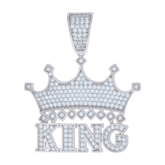 Sterling Silver Mens Cubic-Zirconia KING Crown Fashion Charm Pendant