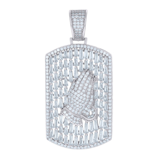 Sterling Silver Mens Baguette Round Cubic-Zirconia Praying Hands Symbol Religious Dogtag Pendant