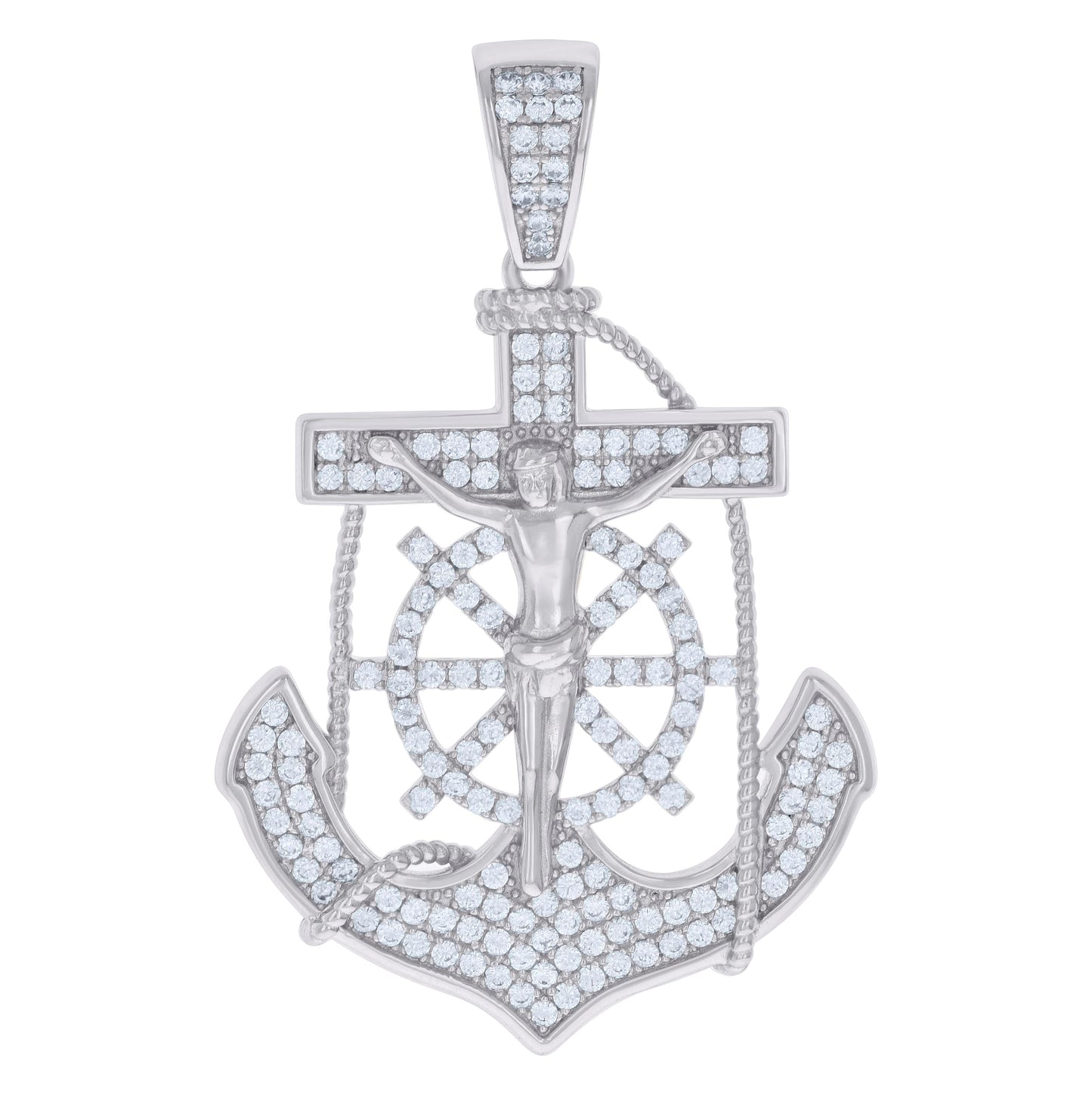 Sterling Silver Mens Cubic-Zirconia Anchor Crucifix Religious Charm Pendant