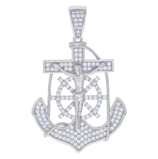 Sterling Silver Mens Cubic-Zirconia Anchor Crucifix Religious Charm Pendant
