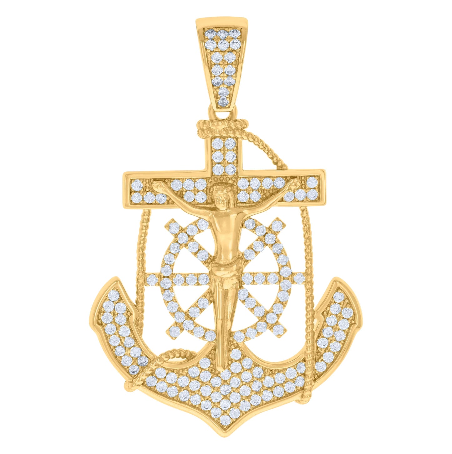 Sterling Silver Mens Cubic-Zirconia Anchor Crucifix Religious Charm Pendant