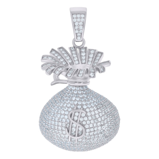Sterling Silver Mens Cubic-Zirconia Money Bag Currency Fashion Charm Pendant