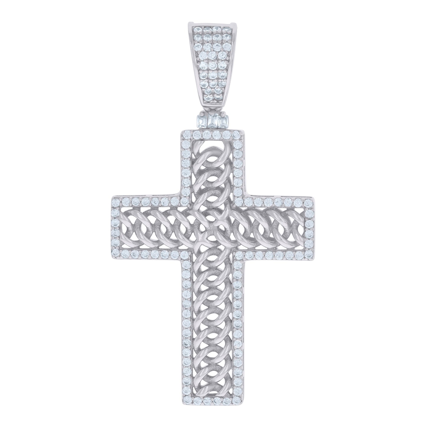 Sterling Silver Mens Baguette Round Cubic-Zirconia Cross Religious Charm Pendant