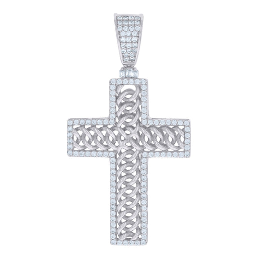 Sterling Silver Mens Baguette Round Cubic-Zirconia Cross Religious Charm Pendant