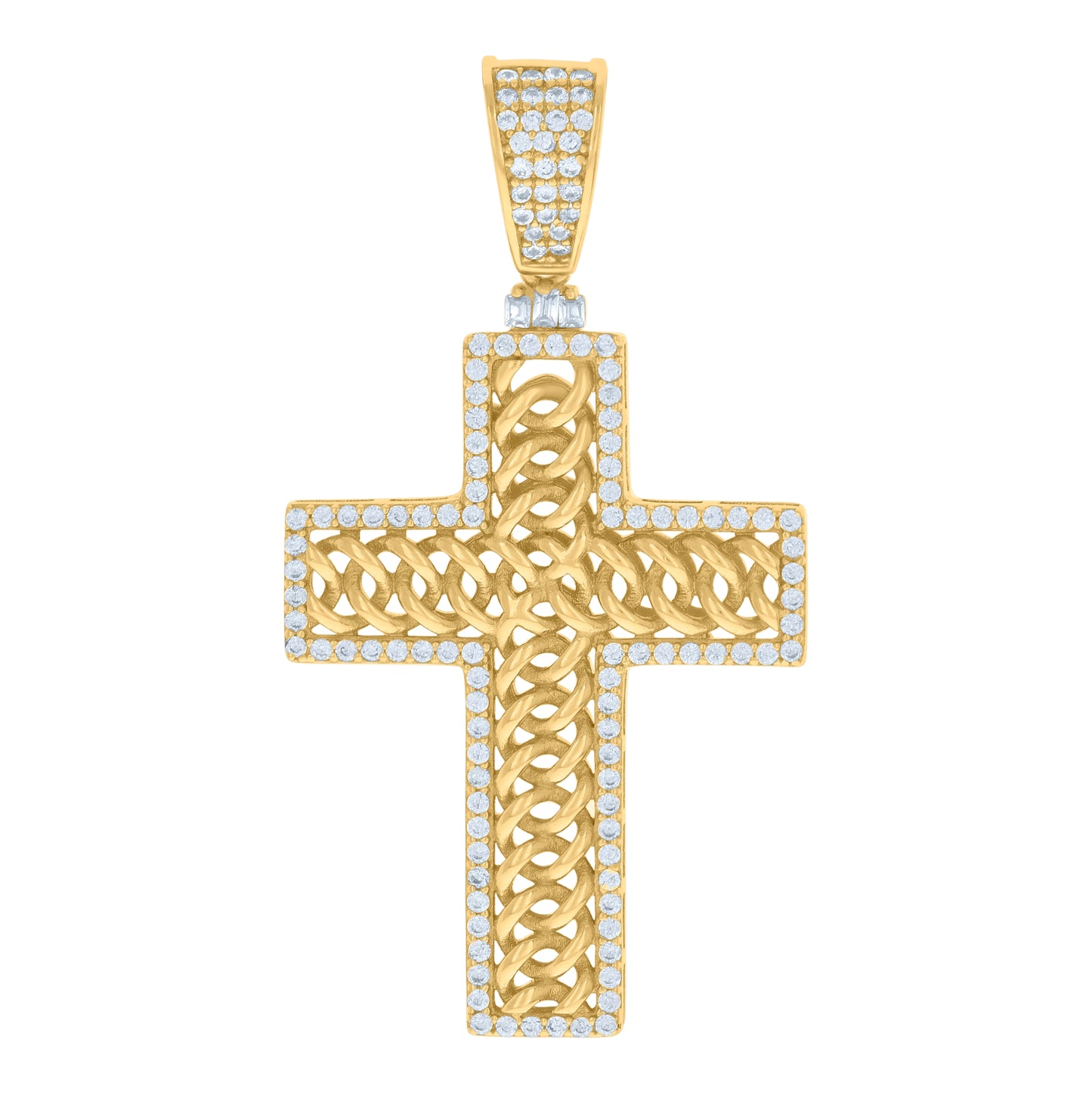 Sterling Silver Mens Baguette Round Cubic-Zirconia Cross Religious Charm Pendant