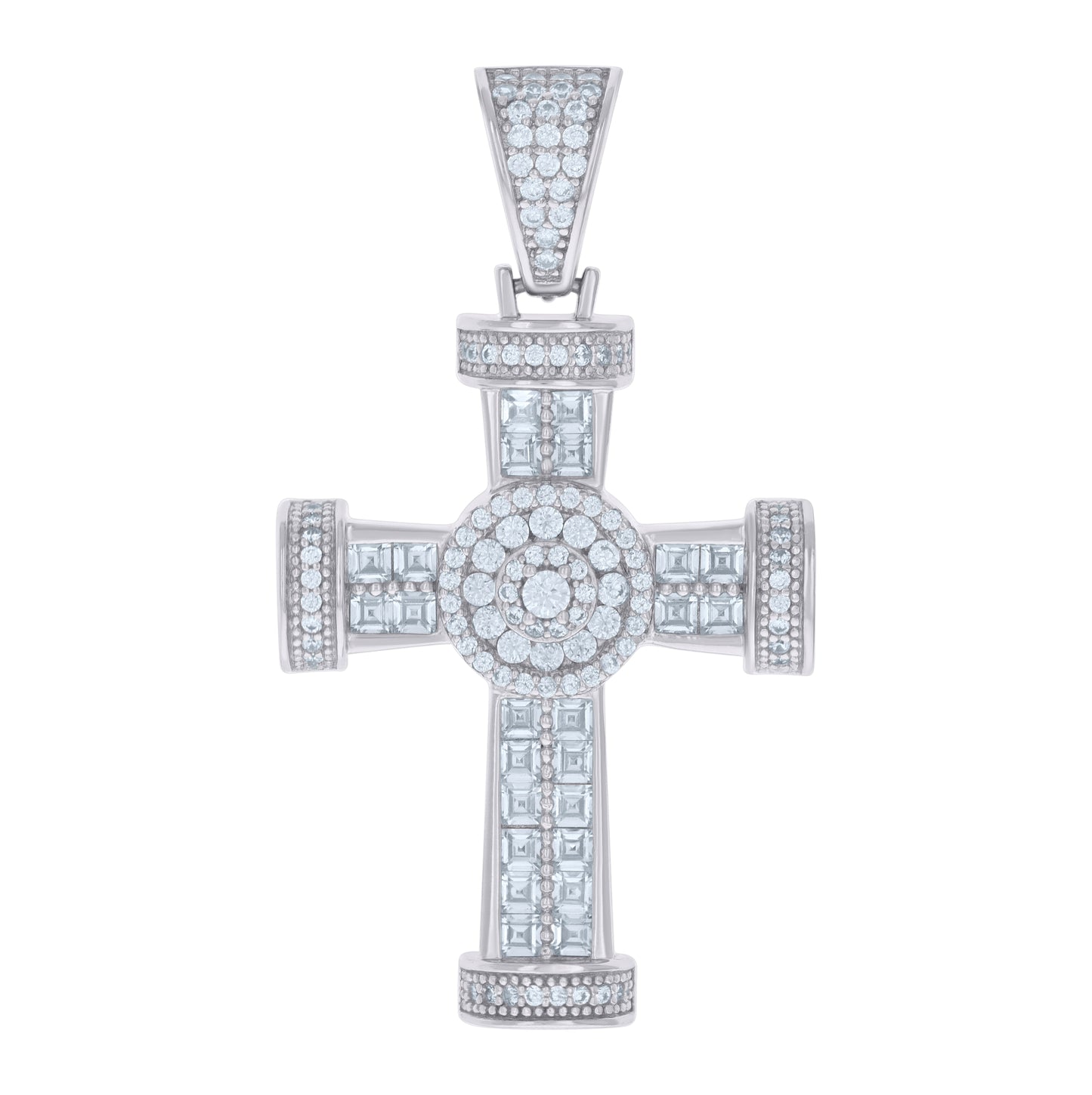 Sterling Silver Mens Cushion-cut Round Cubic-Zirconia Cross Religious Charm Pendant