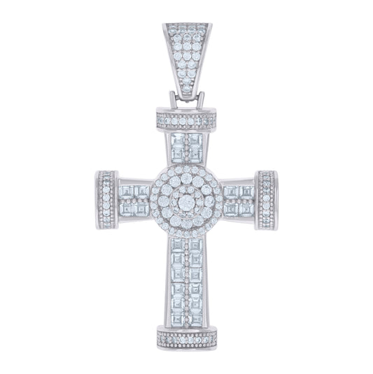 Sterling Silver Mens Cushion-cut Round Cubic-Zirconia Cross Religious Charm Pendant
