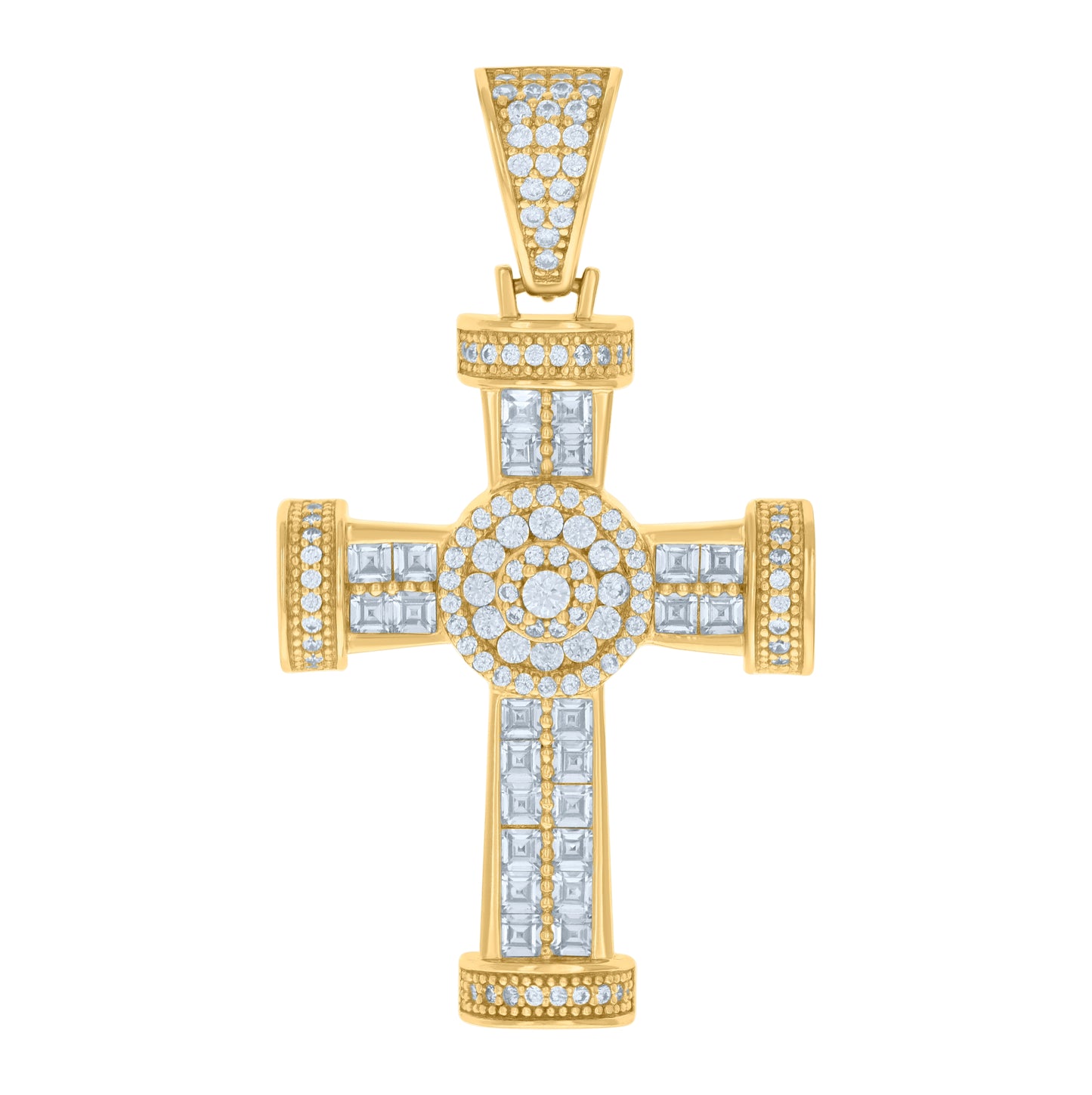 Sterling Silver Mens Cushion-cut Round Cubic-Zirconia Cross Religious Charm Pendant
