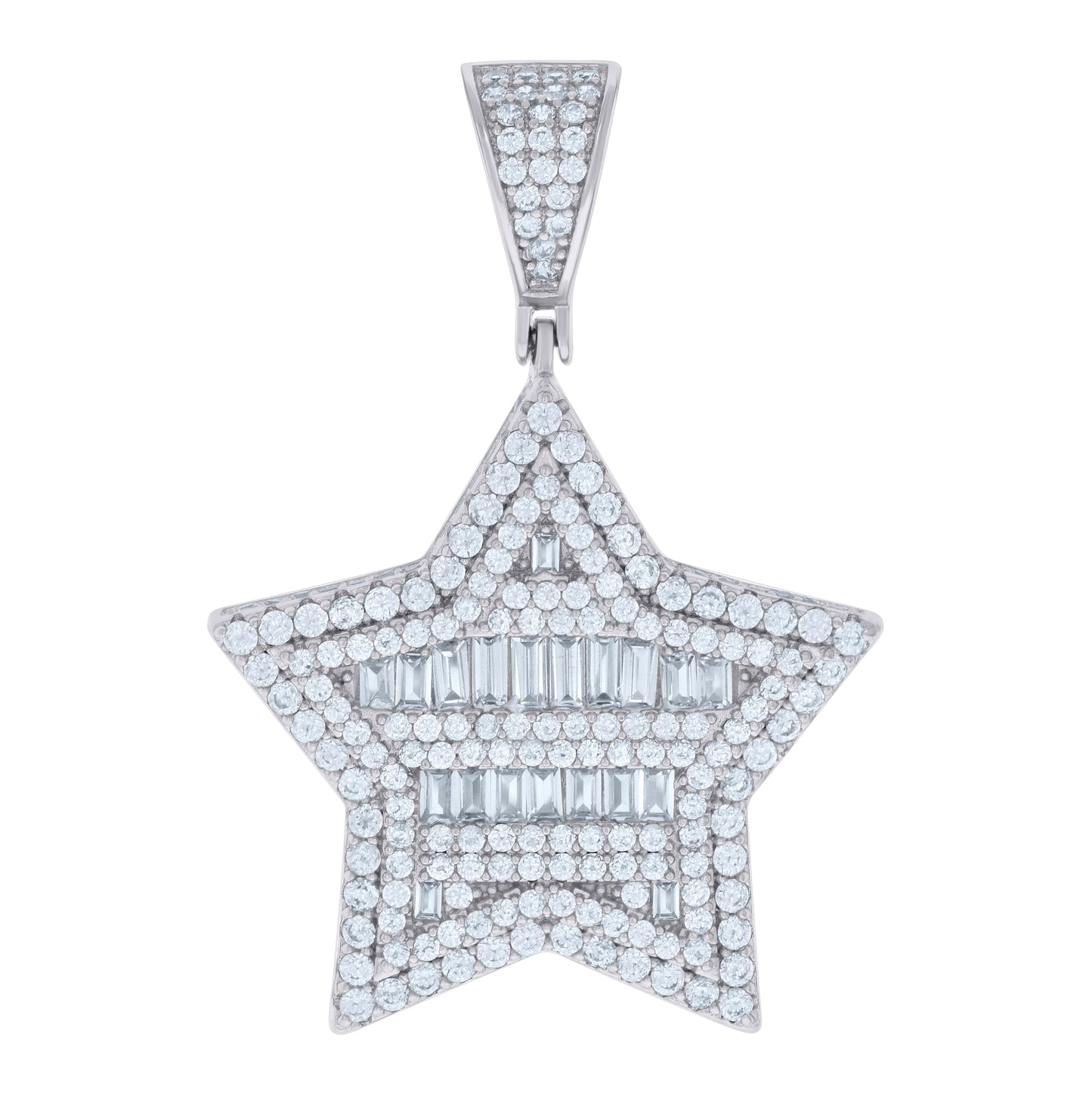 Sterling Silver Mens Baguette Round Cubic-Zirconia Star Fashion Charm Pendant
