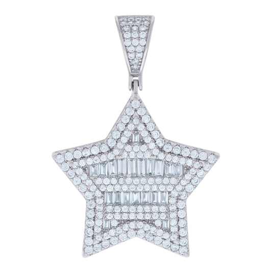 Sterling Silver Mens Baguette Round Cubic-Zirconia Star Fashion Charm Pendant