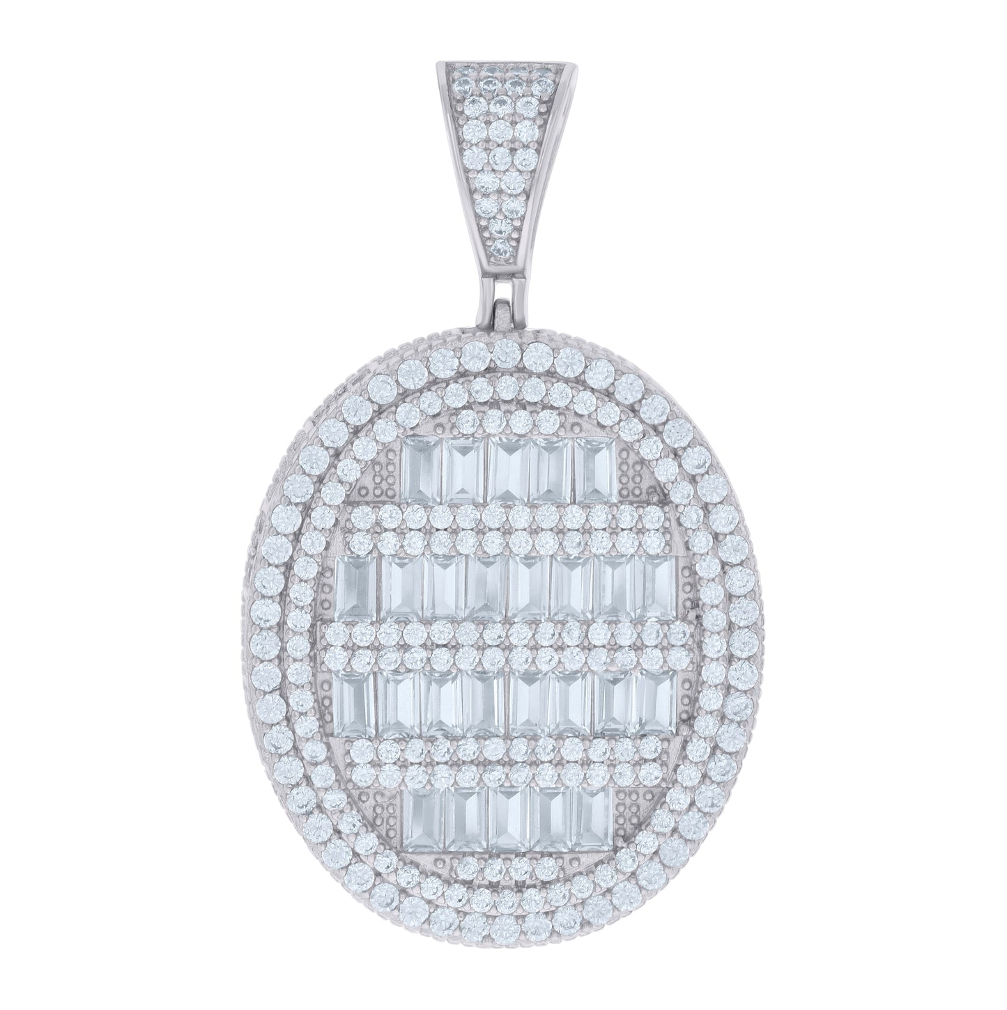 Sterling Silver Mens Baguette Round Cubic-Zirconia Oval Medallion Fashion Charm Pendant