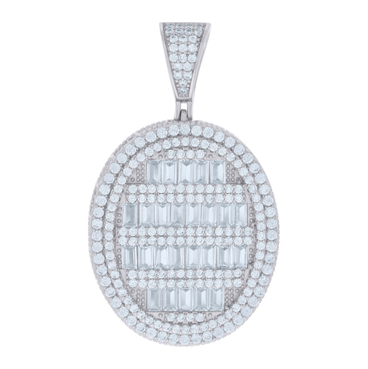 Sterling Silver Mens Baguette Round Cubic-Zirconia Oval Medallion Fashion Charm Pendant