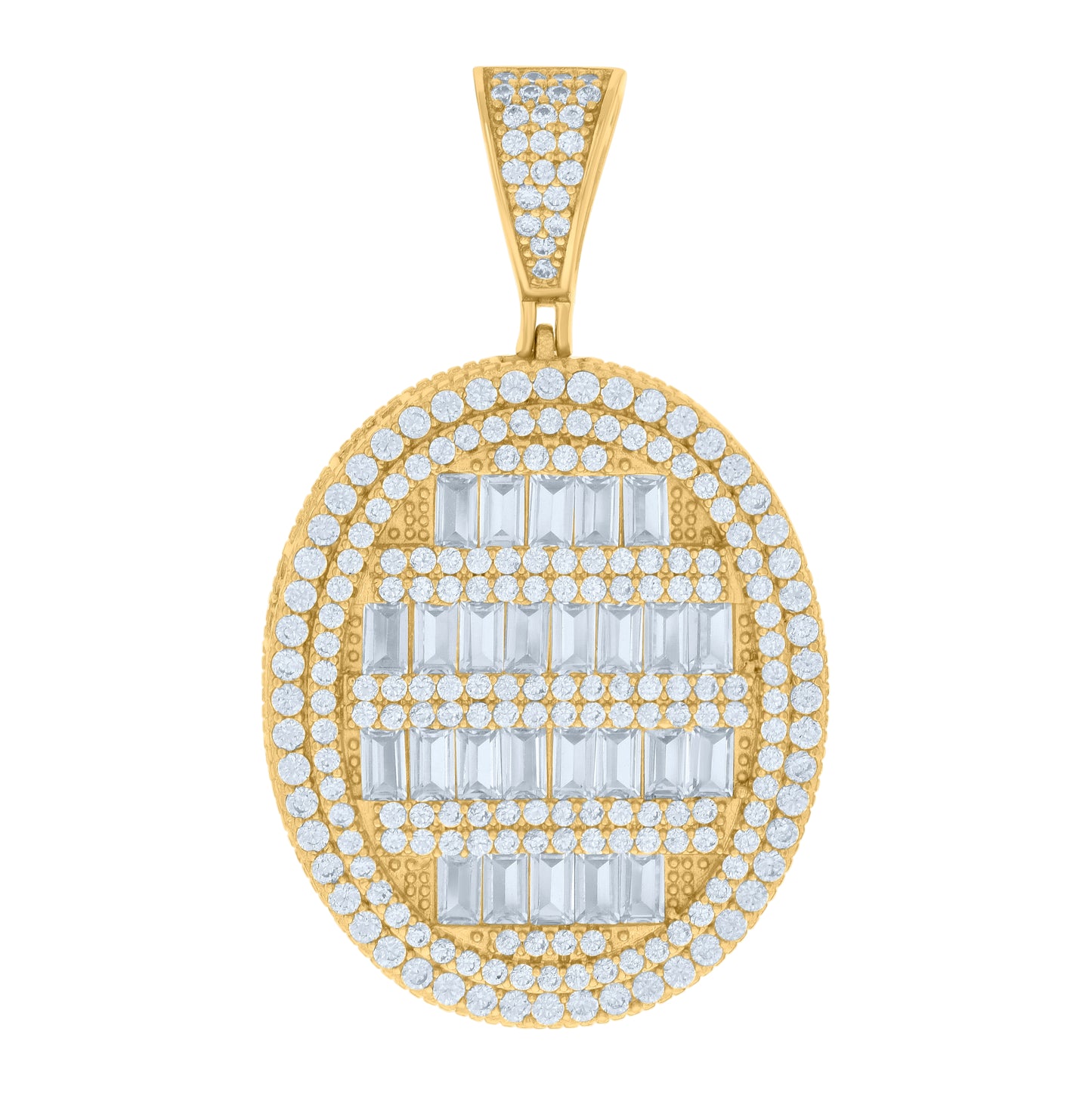 Sterling Silver Mens Baguette Round Cubic-Zirconia Oval Medallion Fashion Charm Pendant