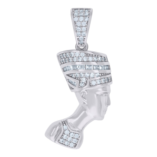 Sterling Silver Mens Baguette Round Cubic-Zirconia Nefertiti Egyptian Fashion Charm Pendant