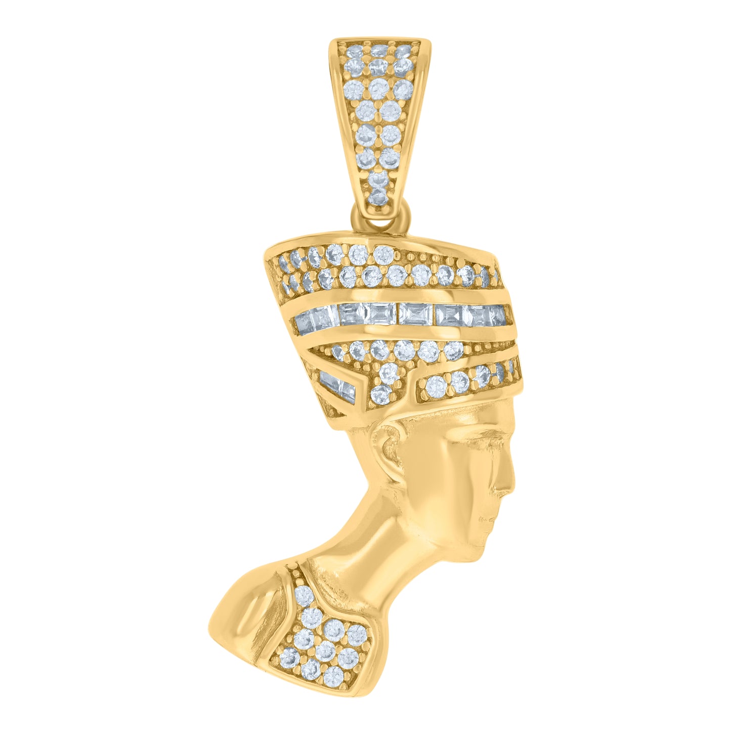 Sterling Silver Mens Baguette Round Cubic-Zirconia Nefertiti Egyptian Fashion Charm Pendant