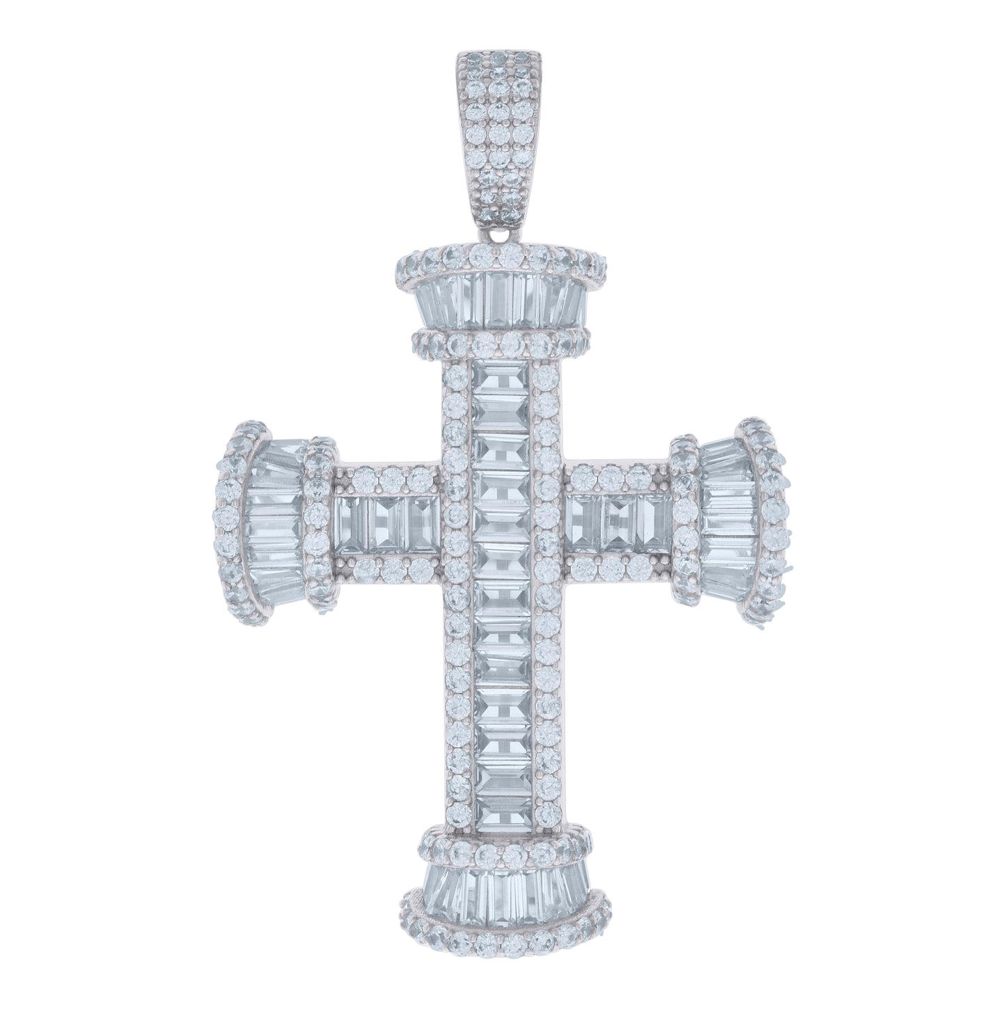 Sterling Silver Mens Baguette Round Cubic-Zirconia Cross Religious Charm Pendant