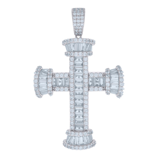 Sterling Silver Mens Baguette Round Cubic-Zirconia Cross Religious Charm Pendant