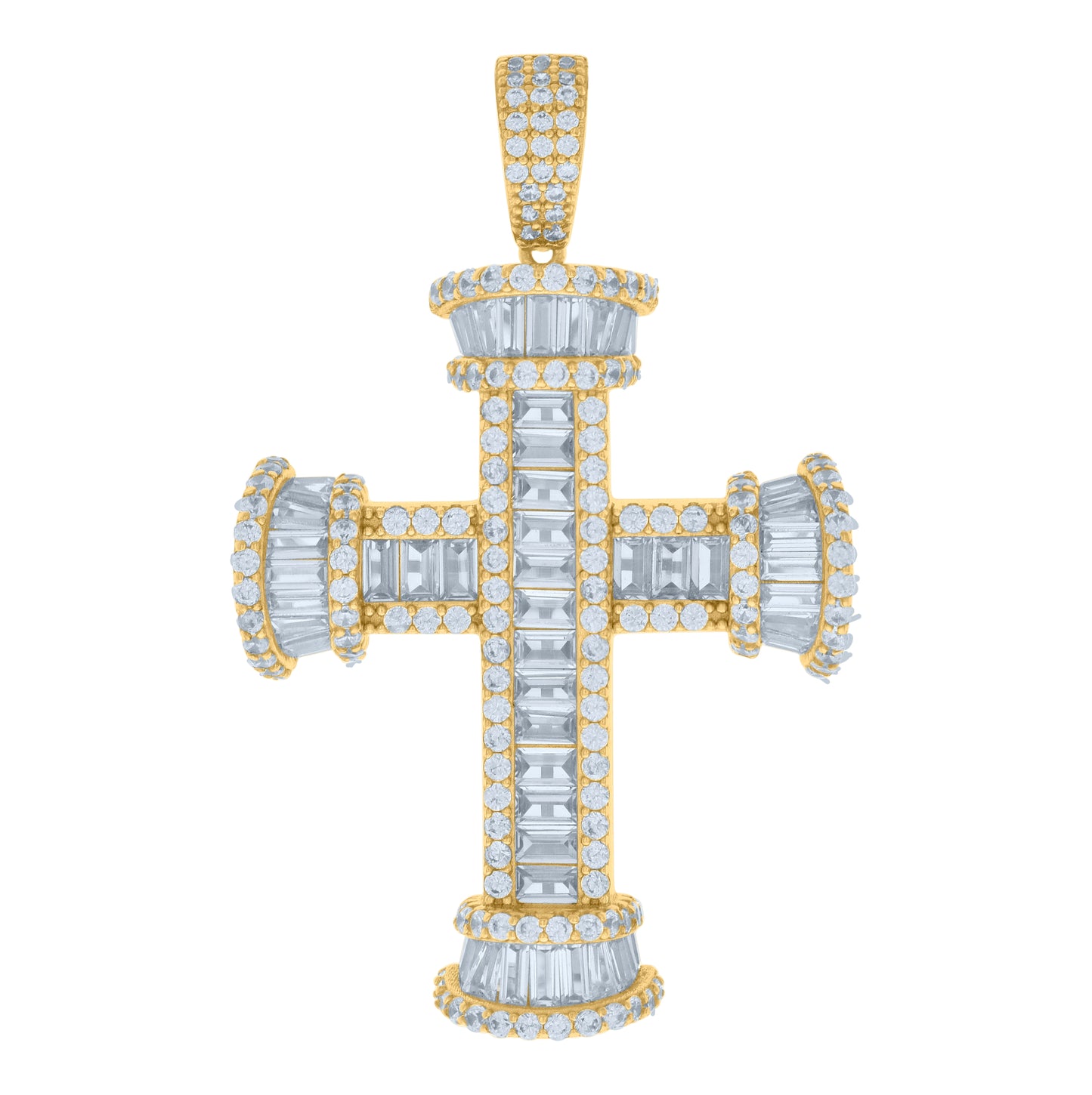 Sterling Silver Mens Baguette Round Cubic-Zirconia Cross Religious Charm Pendant
