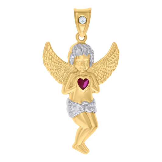 10K Two-tone Gold Mens Purple White Heart Round Cubic-Zirconia Angel Charm Pendant