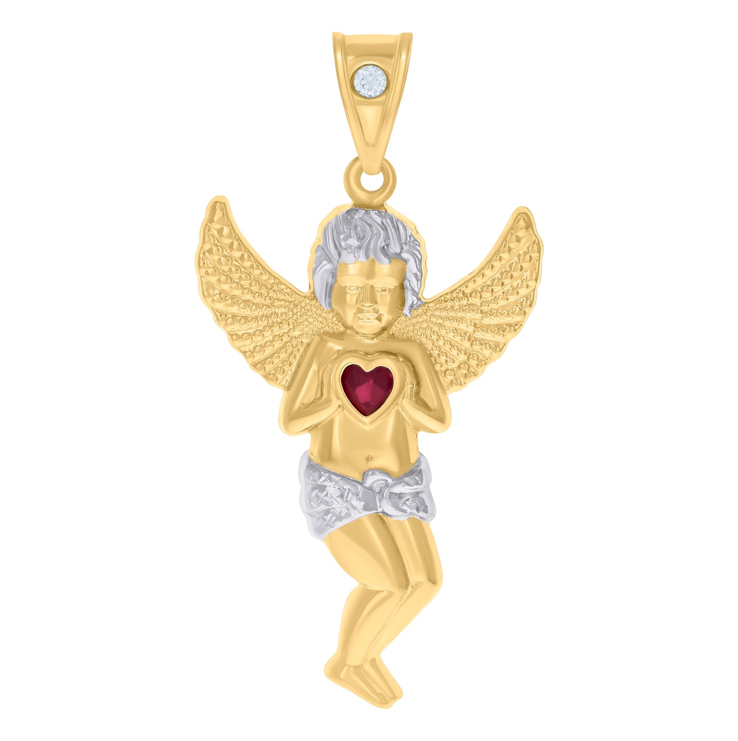 10K Two-tone Gold Mens Red White Heart Round Cubic-Zirconia Angel Charm Pendant