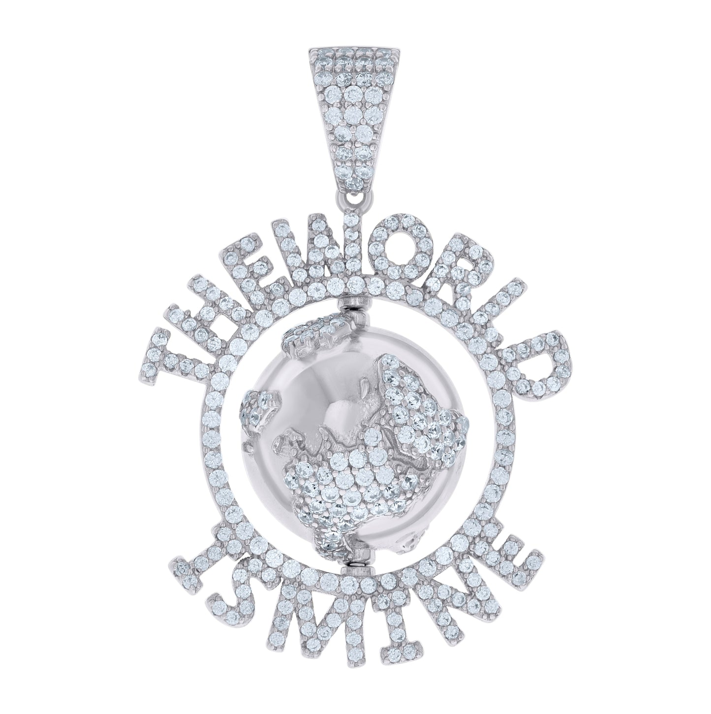 Sterling Silver Mens Cubic-Zirconia The World Is Mine World Map Charm Pendant